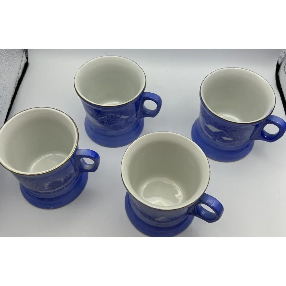 Vintage Currier And Ives Shaving Mugs Blue & White Lot of 4 Different Designs